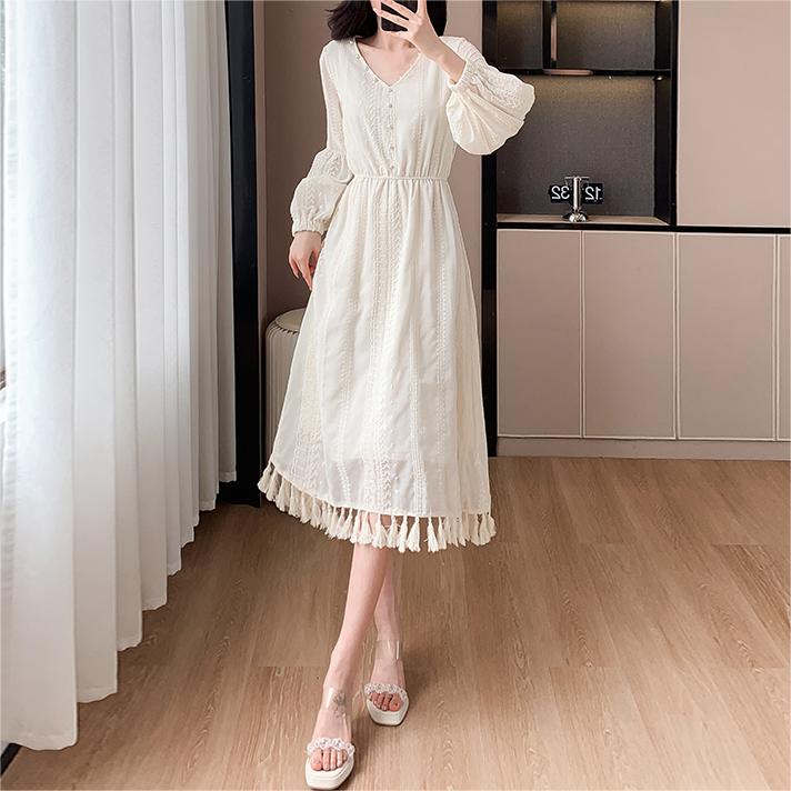 氣質純色V領流蘇連身裙