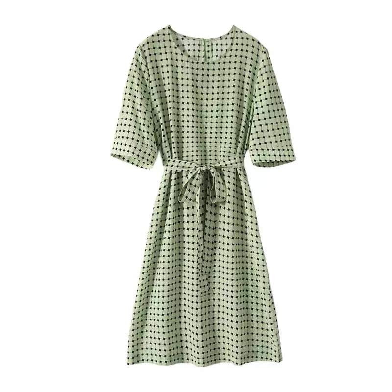 百搭棋盤繫帶收腰桑蠶絲洋裝