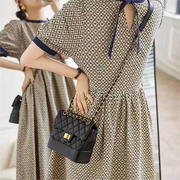 韓版赫本風菱形碎花圖案圓領連身裙