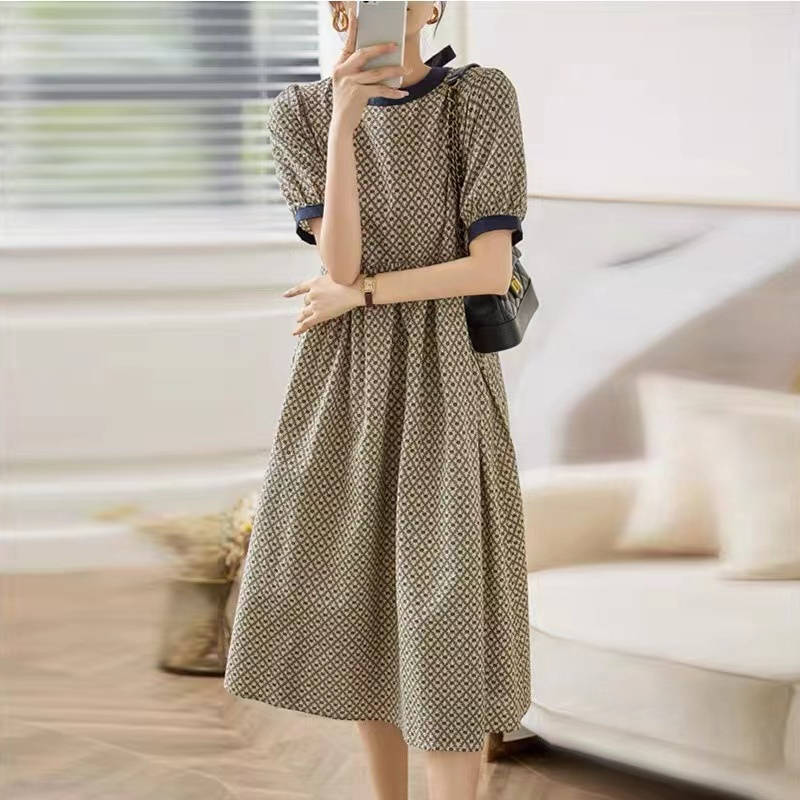 韓版赫本風菱形碎花圖案圓領連身裙