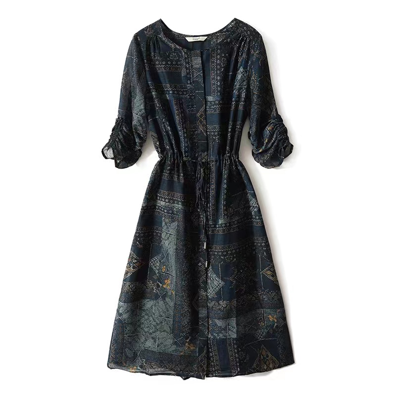 復古印花七分袖圓領抽繩連身裙