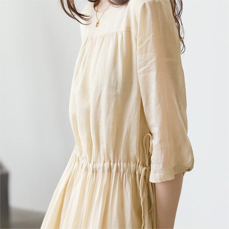 復古棉麻收腰顯瘦五分袖連身裙