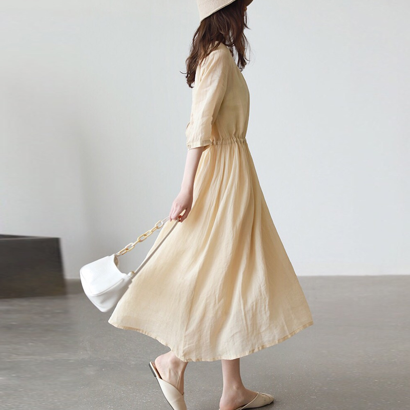 復古棉麻收腰顯瘦五分袖連身裙