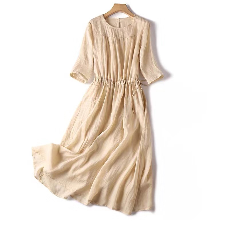 復古棉麻收腰顯瘦五分袖連身裙