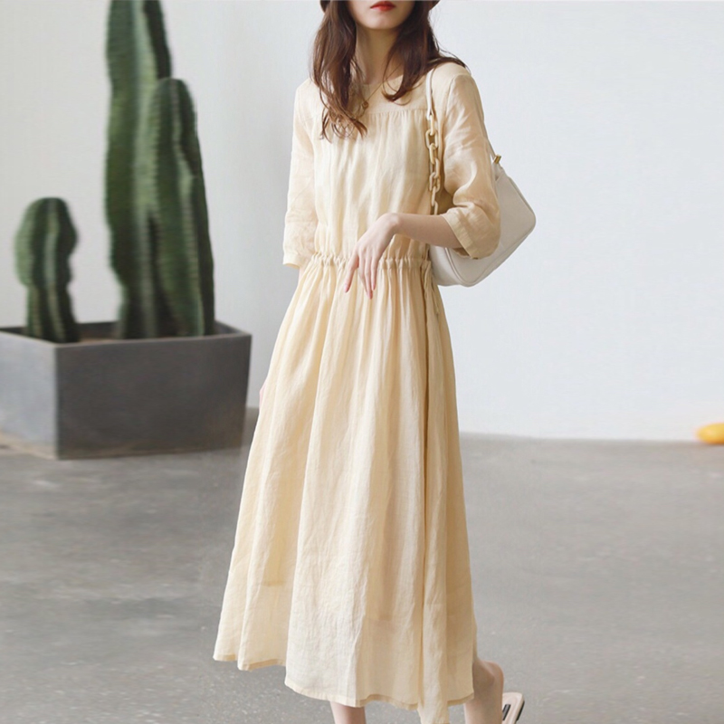 復古棉麻收腰顯瘦五分袖連身裙
