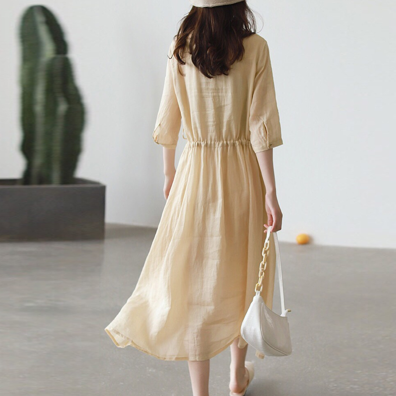 復古棉麻收腰顯瘦五分袖連身裙
