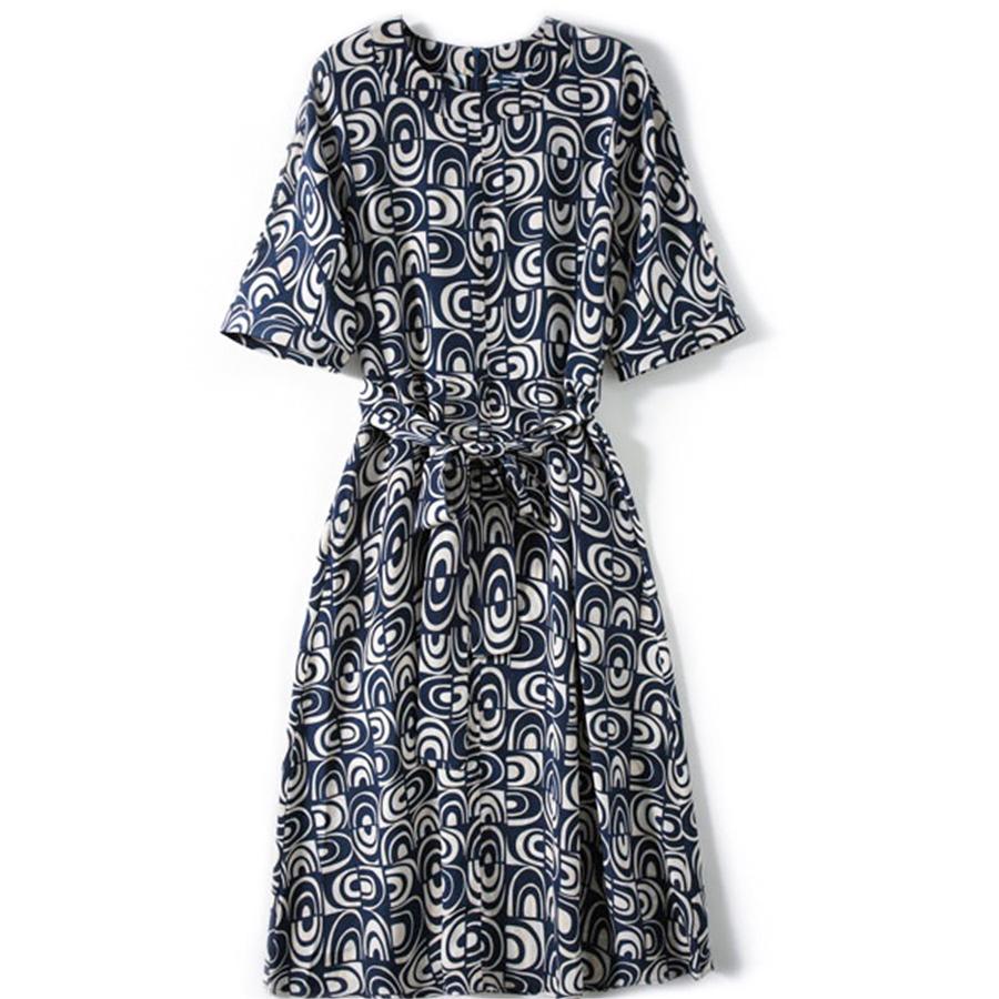 時尚幾何印花圓領連身裙