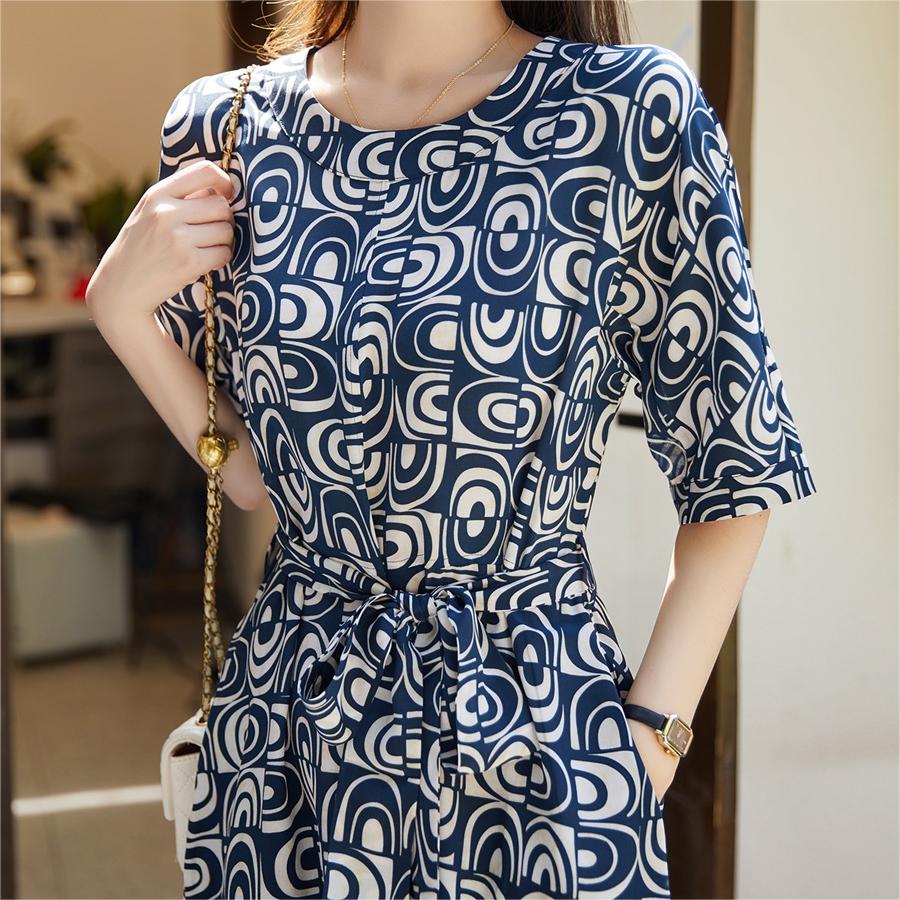 時尚幾何印花圓領連身裙