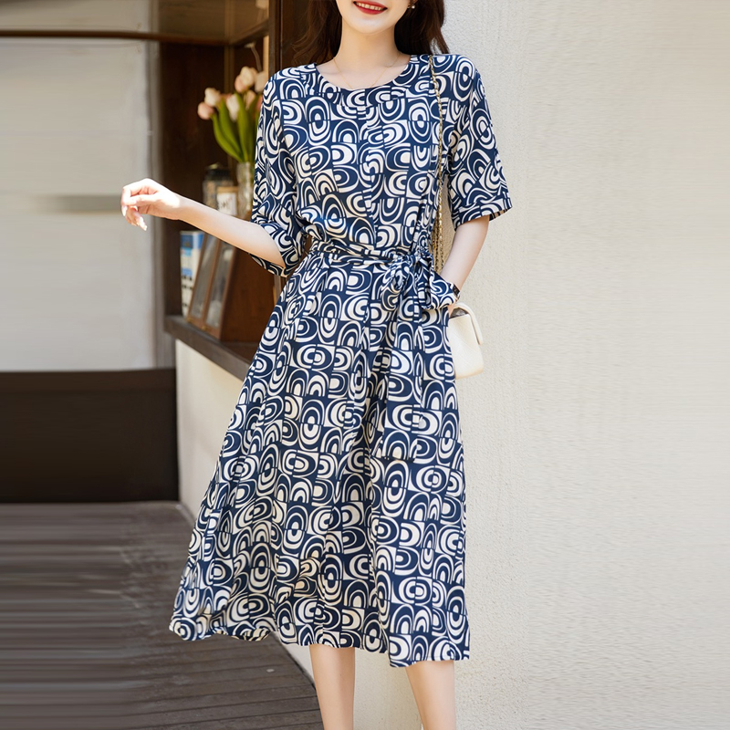 時尚幾何印花圓領連身裙