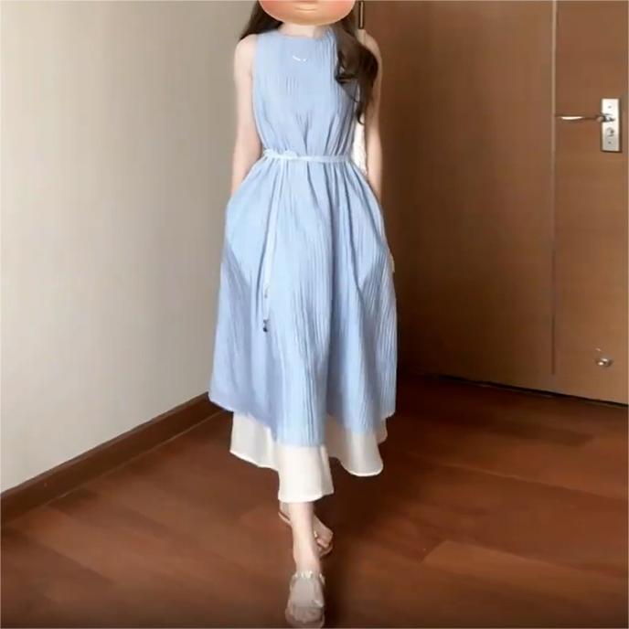 法式純色無袖背心連身裙