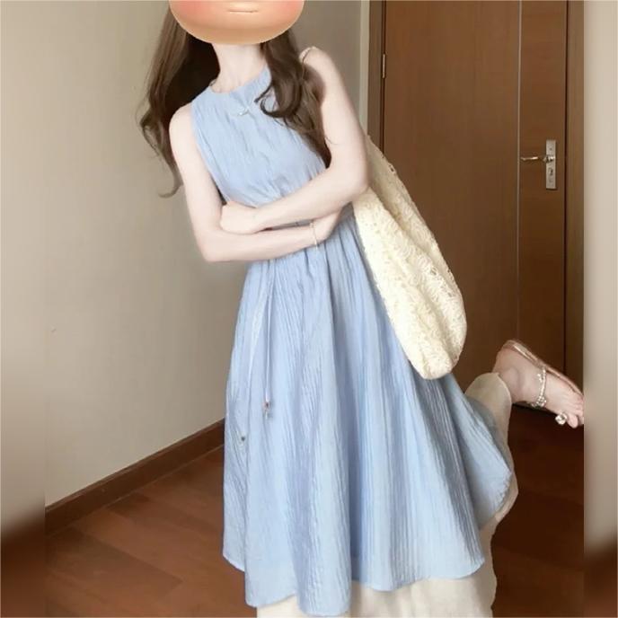 法式純色無袖背心連身裙