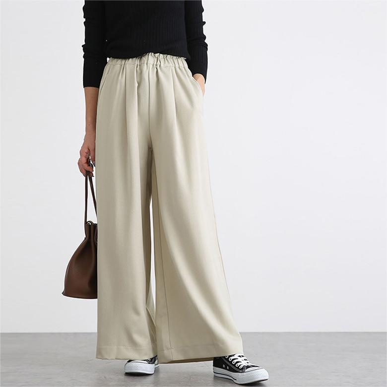 休閒日系純色鬆緊高腰闊腿褲