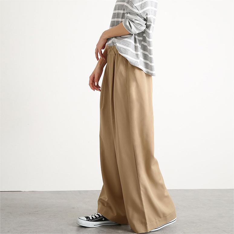 休閒日系純色鬆緊高腰闊腿褲