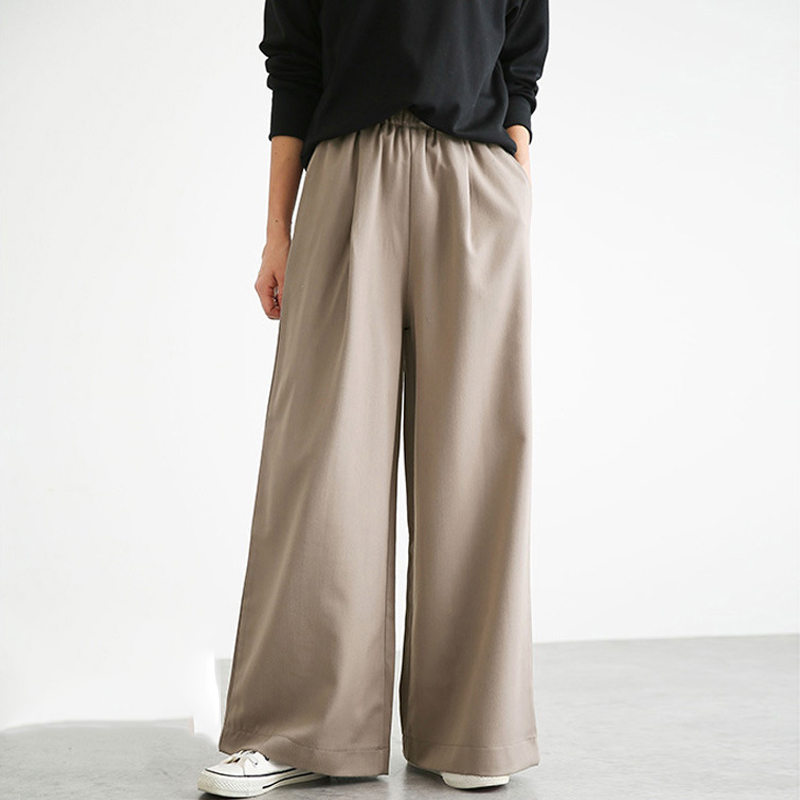 休閒日系純色鬆緊高腰闊腿褲