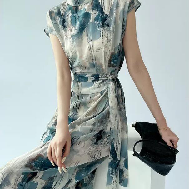 氣質收腰顯瘦水墨印花洋裝
