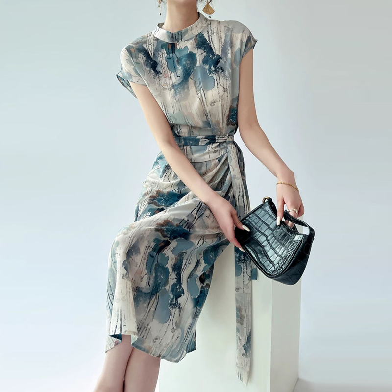 氣質收腰顯瘦水墨印花洋裝