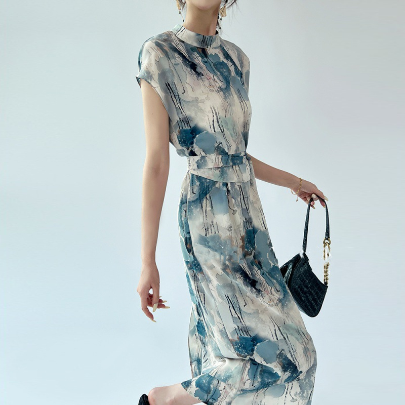 氣質收腰顯瘦水墨印花洋裝