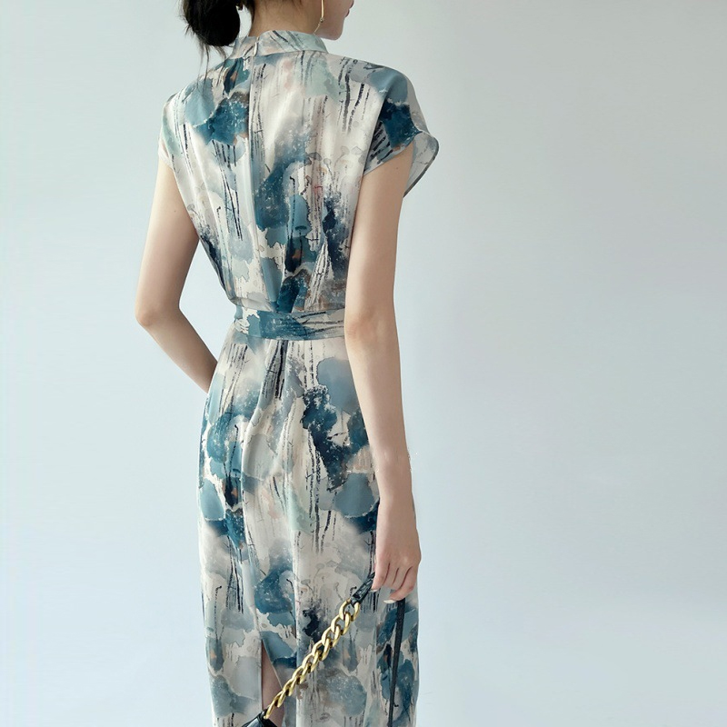 氣質收腰顯瘦水墨印花洋裝