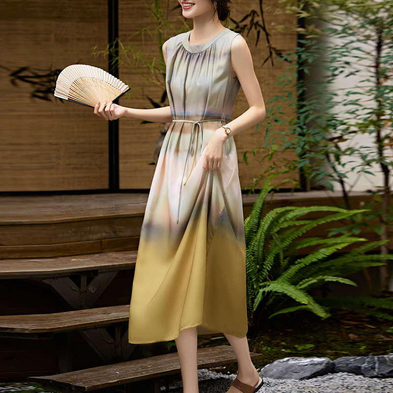 繫繩氣質露肩撞色印花無袖連身裙