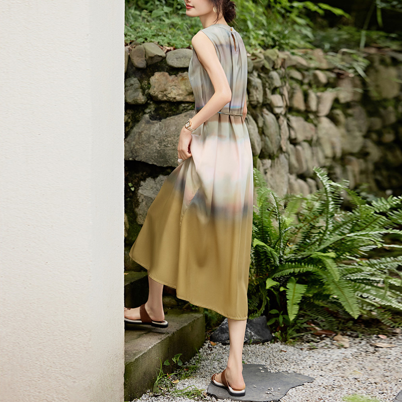 繫繩氣質露肩撞色印花無袖連身裙