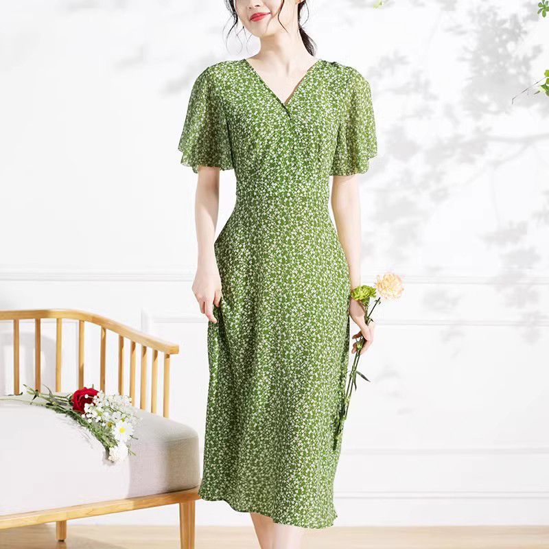 法式碎花V領泡泡袖連身裙