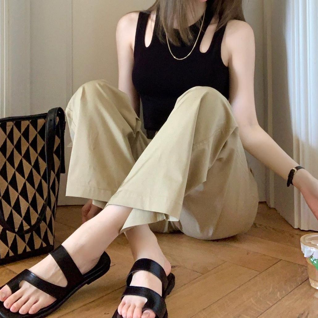 休閑純色垂感高腰直筒工裝褲