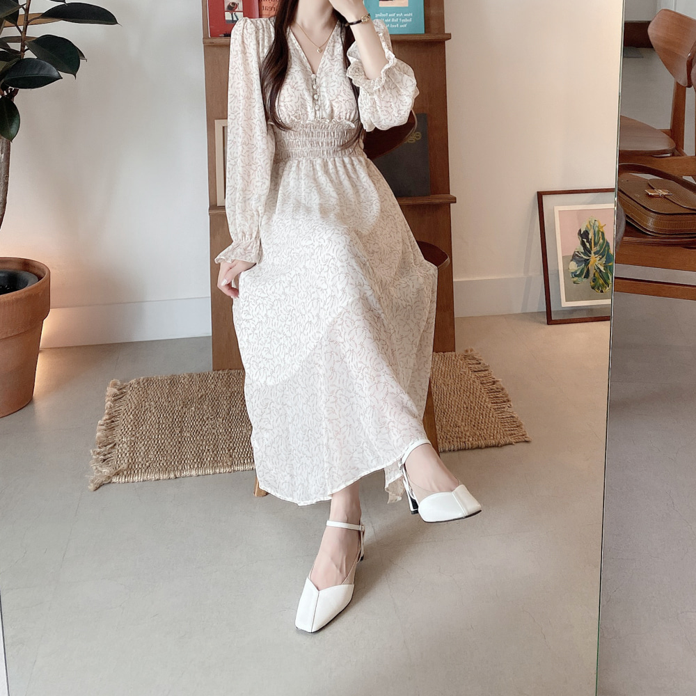 韓版碎花V領收腰雪紡洋裝