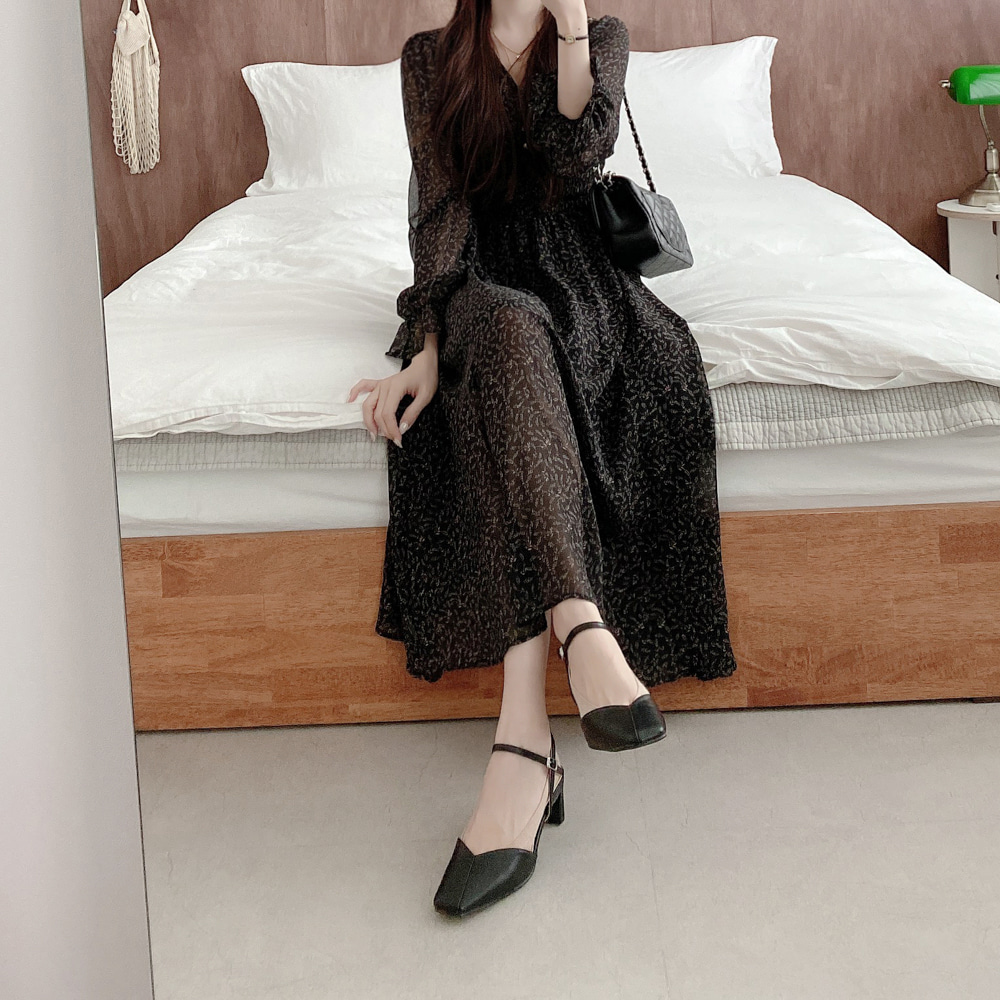 韓版碎花V領收腰雪紡洋裝