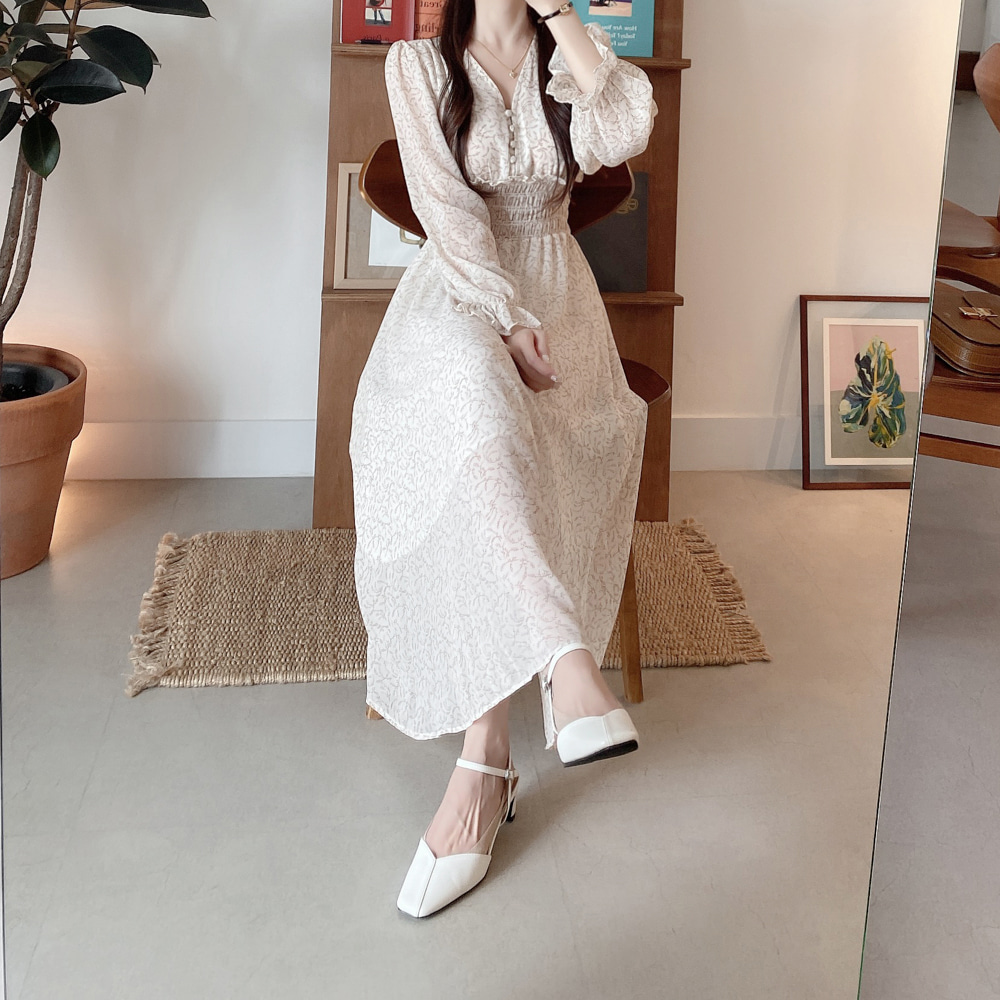 韓版碎花V領收腰雪紡洋裝