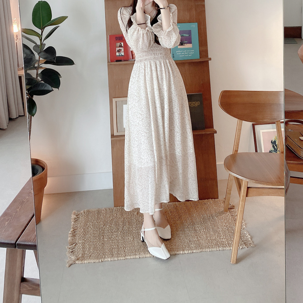 韓版碎花V領收腰雪紡洋裝