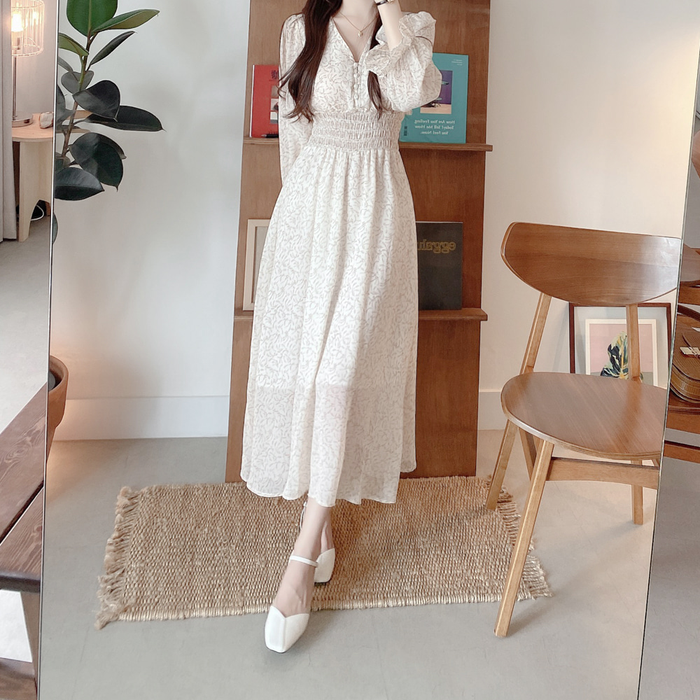 韓版碎花V領收腰雪紡洋裝