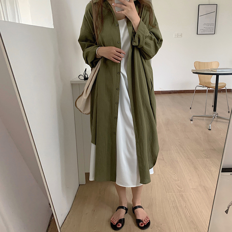韓國簡約慵懶風長款過膝襯衣