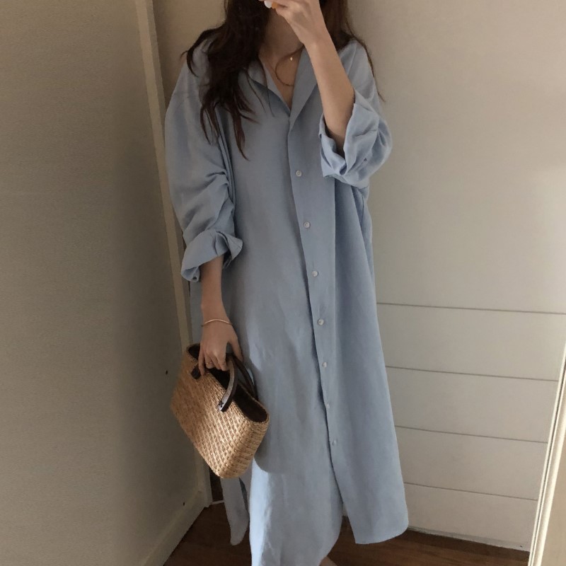 韓國簡約慵懶風長款過膝襯衣