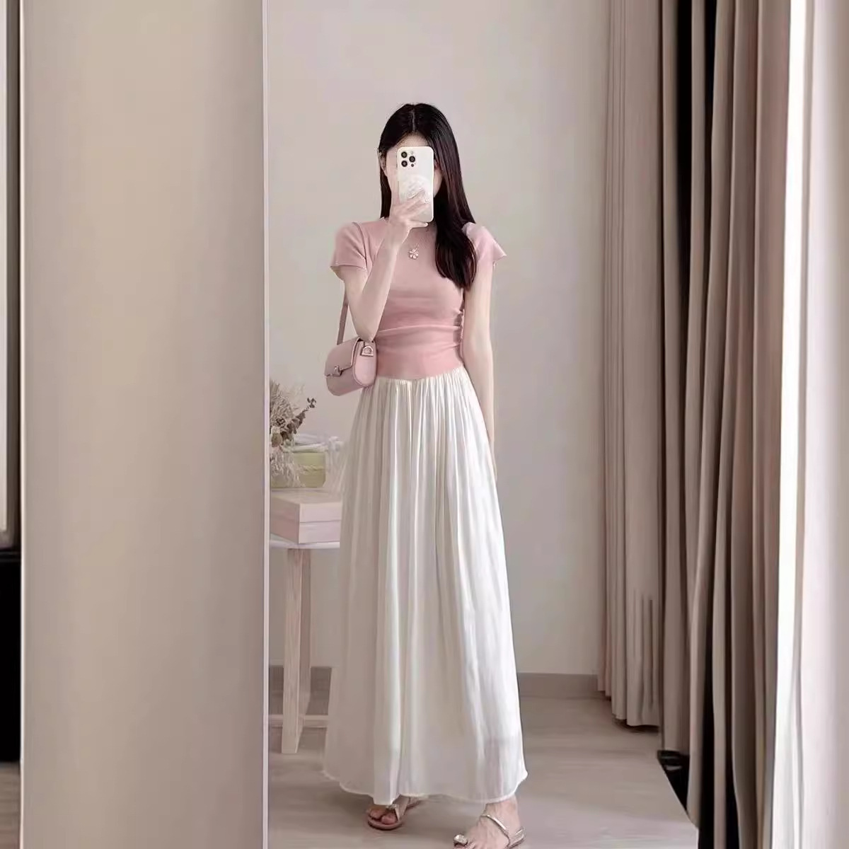 【單品可選】鹽系氣質小香風穿搭粉色短袖上衣和半身裙兩件套裝