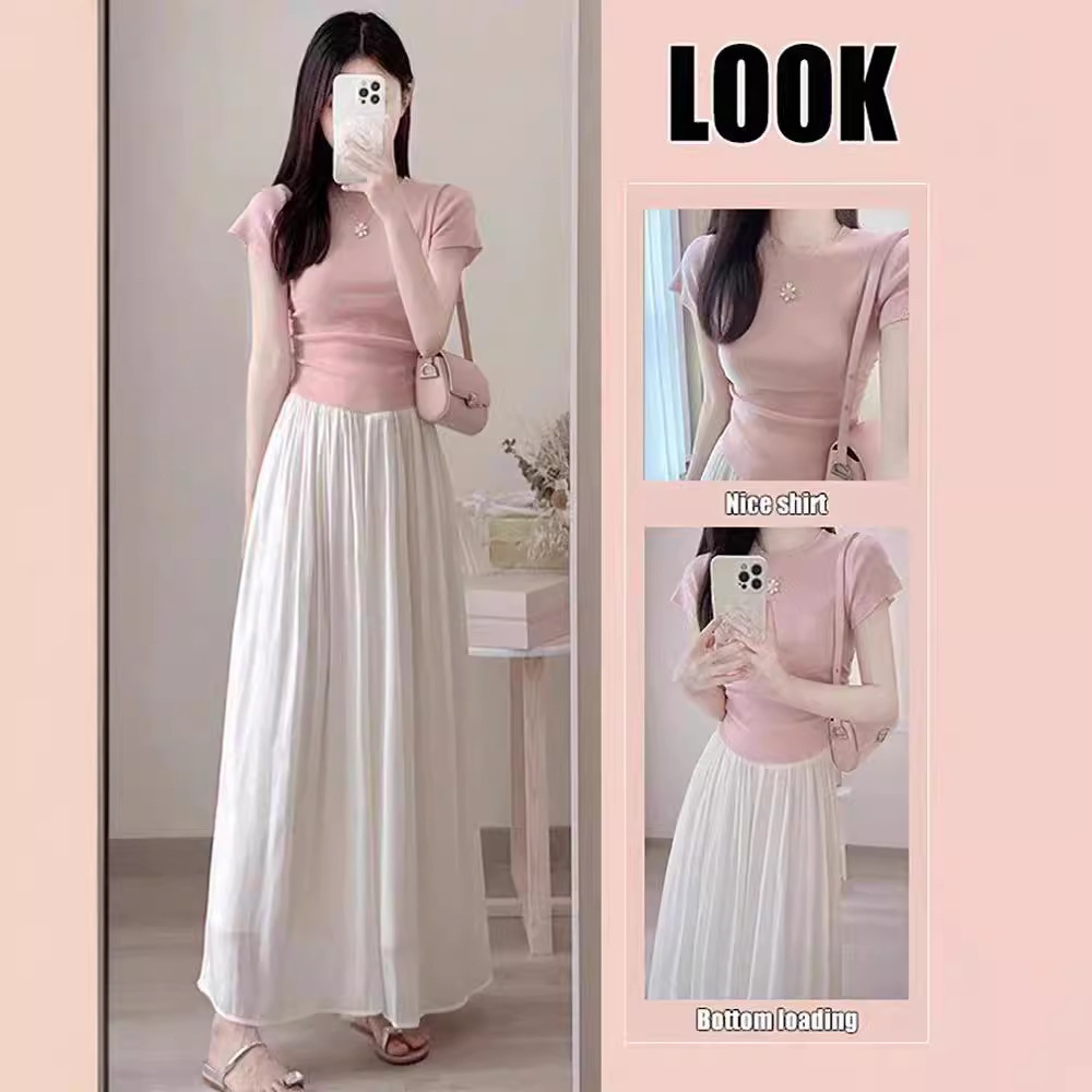 【單品可選】鹽系氣質小香風穿搭粉色短袖上衣和半身裙兩件套裝