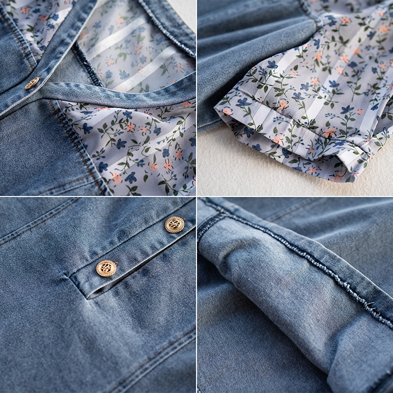 百搭碎花拼接牛仔連身裙