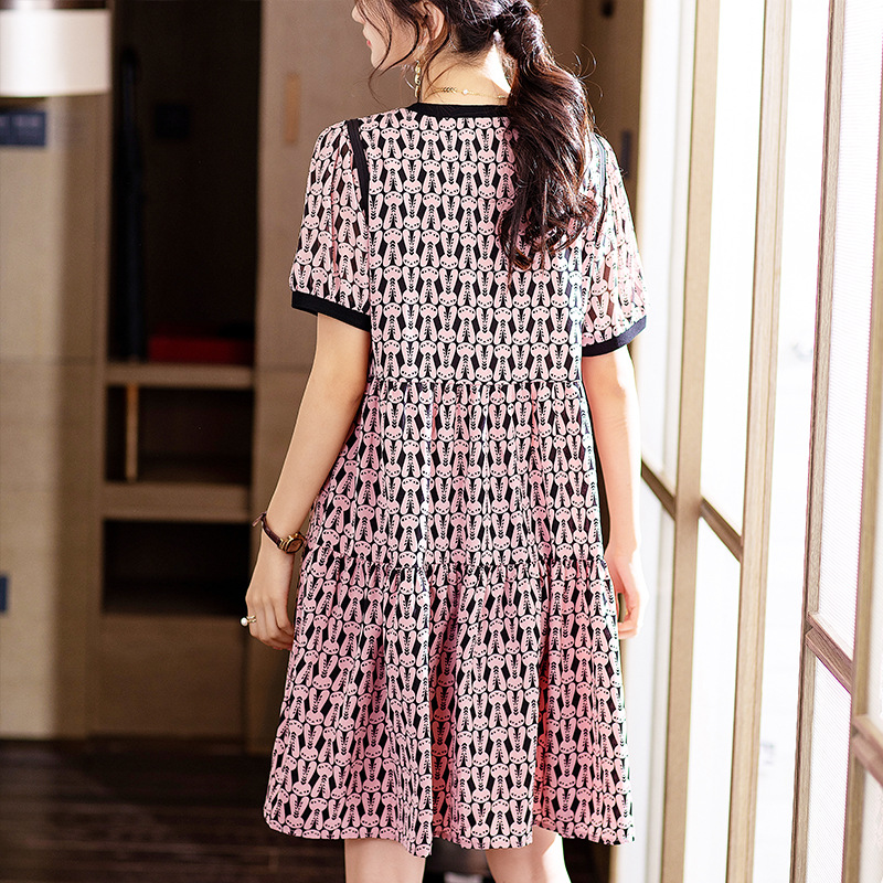氣質印花圓領短袖連身裙