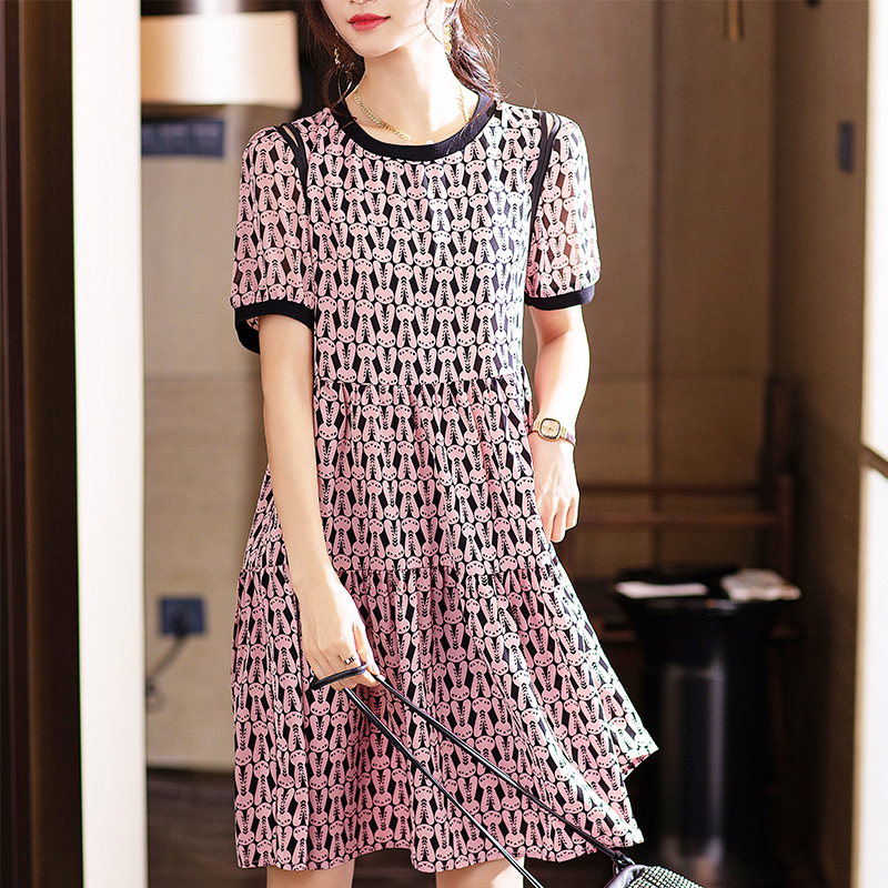 氣質印花圓領短袖連身裙
