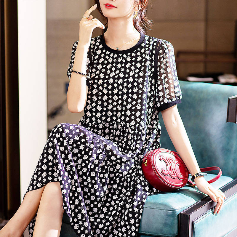 氣質印花圓領短袖連身裙