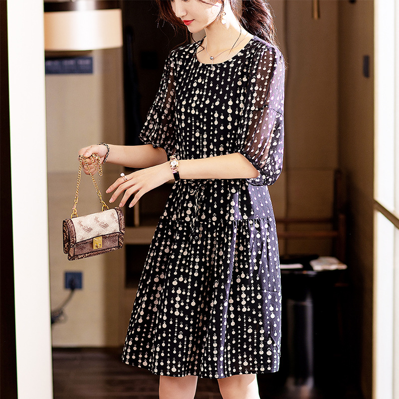 法式波點泡泡袖雪紡連身裙