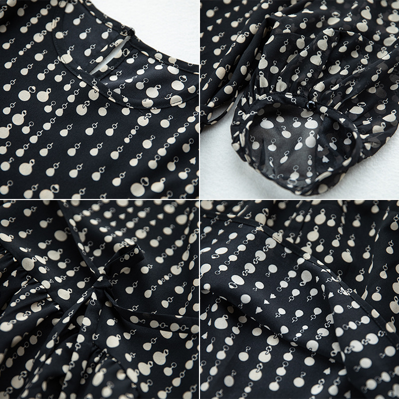 法式波點泡泡袖雪紡連身裙