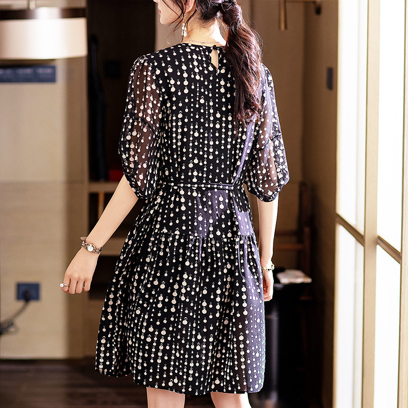 法式波點泡泡袖雪紡連身裙