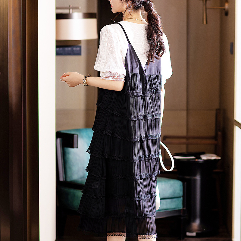 優雅氣質假兩件吊帶連身裙