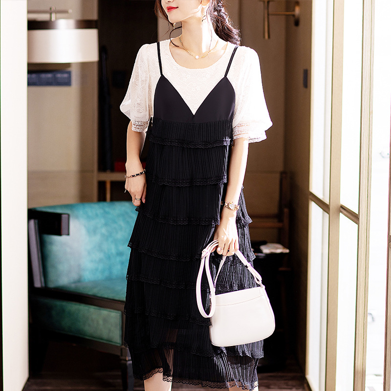 優雅氣質假兩件吊帶連身裙