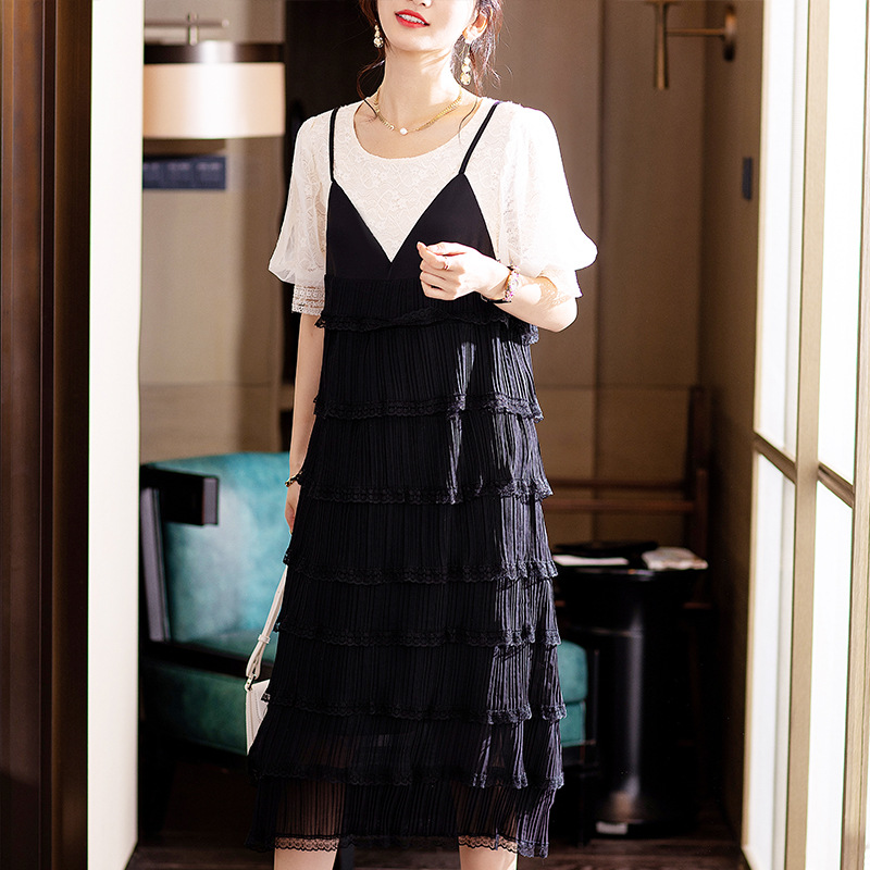 優雅氣質假兩件吊帶連身裙