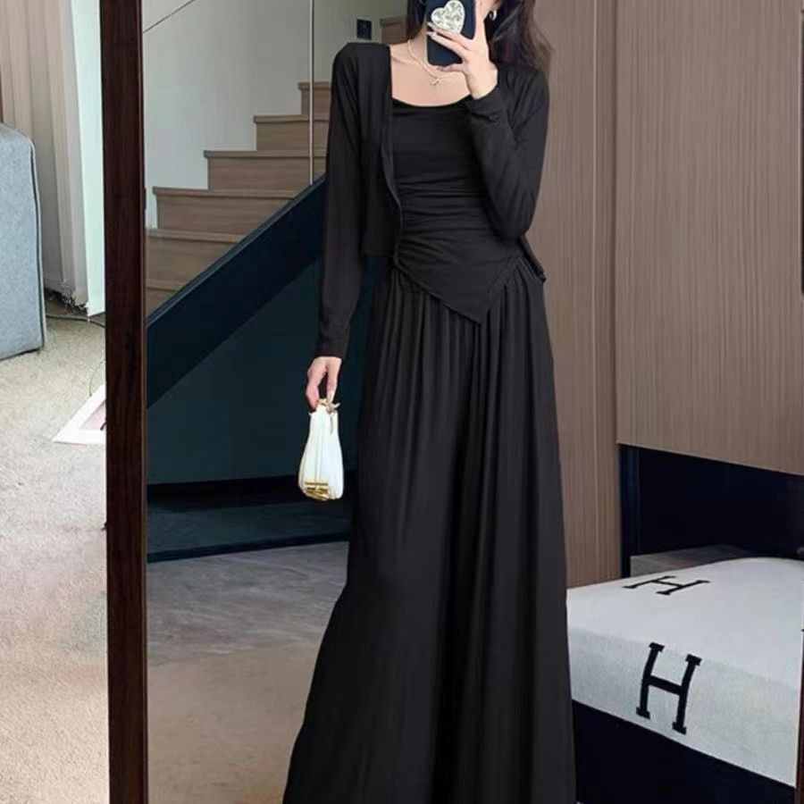 【三件套裝】新款慵懶風顯瘦遮肉開襟衫吊帶+休閒半身裙套裝