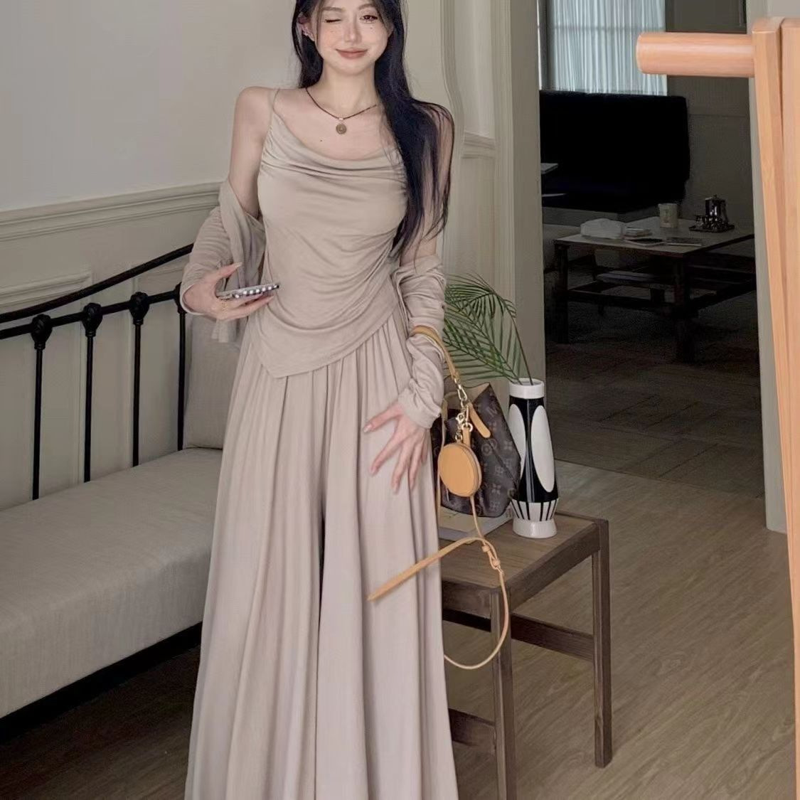 【三件套裝】新款慵懶風顯瘦遮肉開襟衫吊帶+休閒半身裙套裝