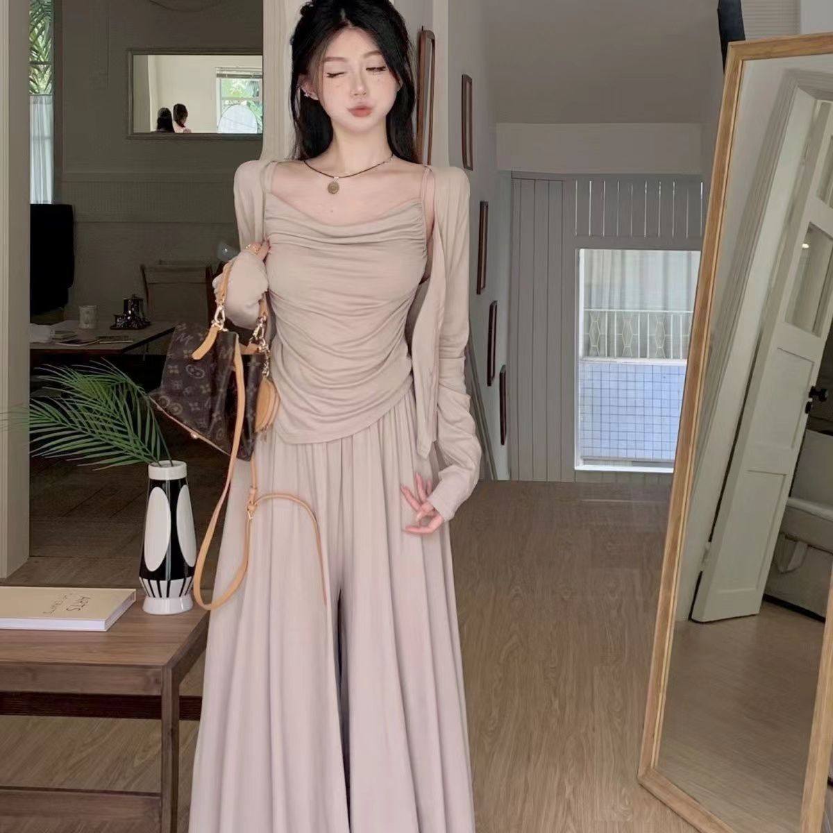 【三件套裝】新款慵懶風顯瘦遮肉開襟衫吊帶+休閒半身裙套裝