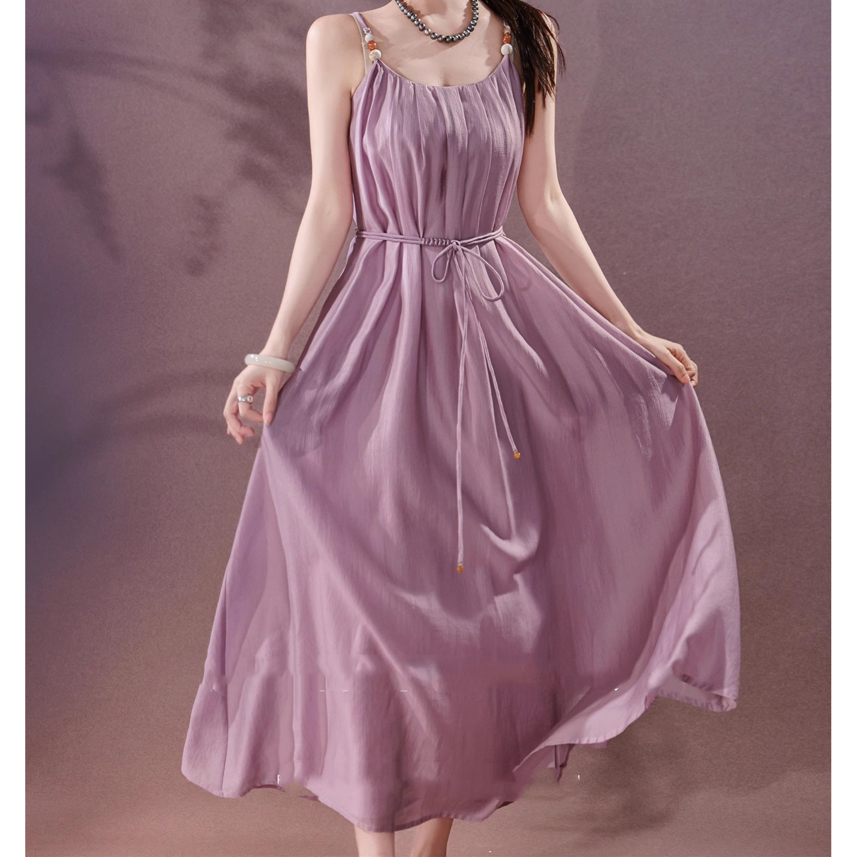 超仙純色綁帶吊帶連衣裙