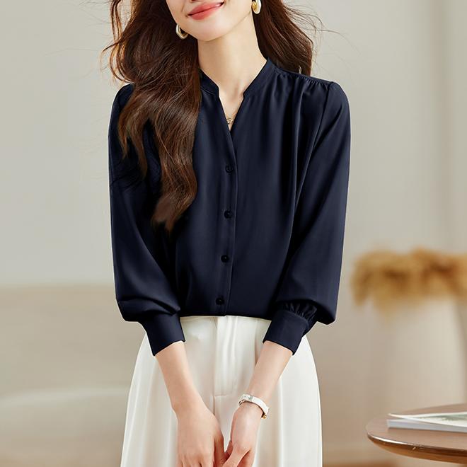 韓版百搭長袖V領襯衫